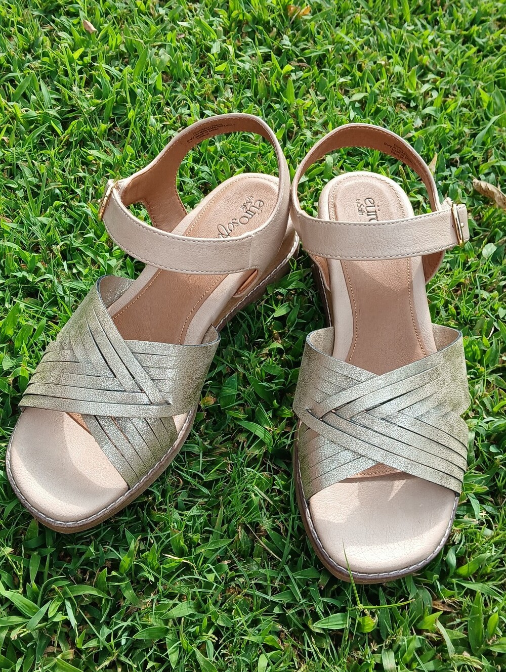 Wide Width Eurosoft by Sofft Maeve Wedge Velcro Sandal, Metallic Gold